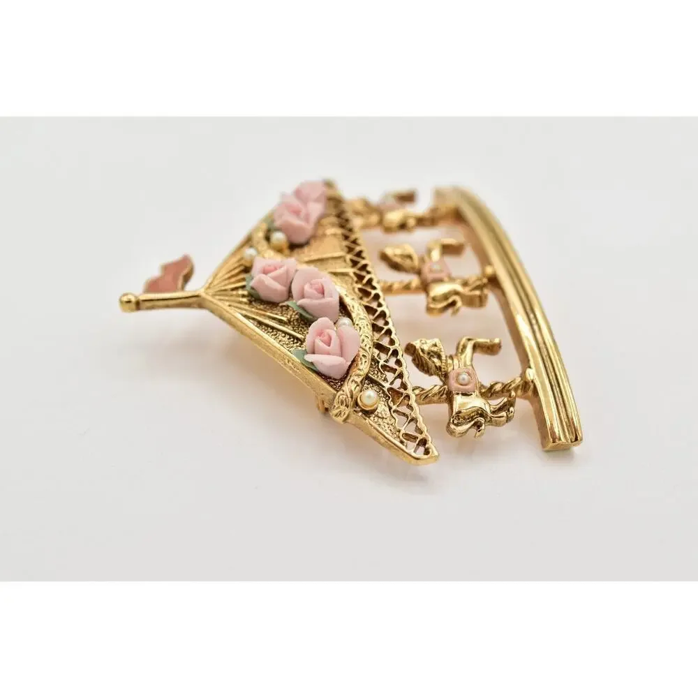 1928 Vintage Carousal Pin Brooch Horse Gold Pink Roses Romantic 1980s BinBG